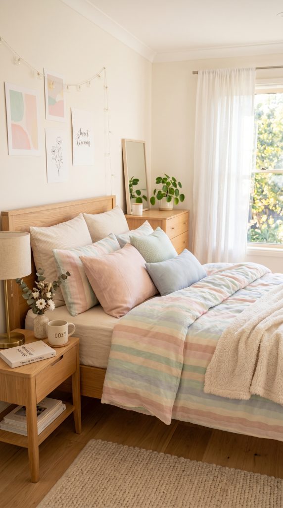 Bright bedroom featuring pastel striped 202605311819