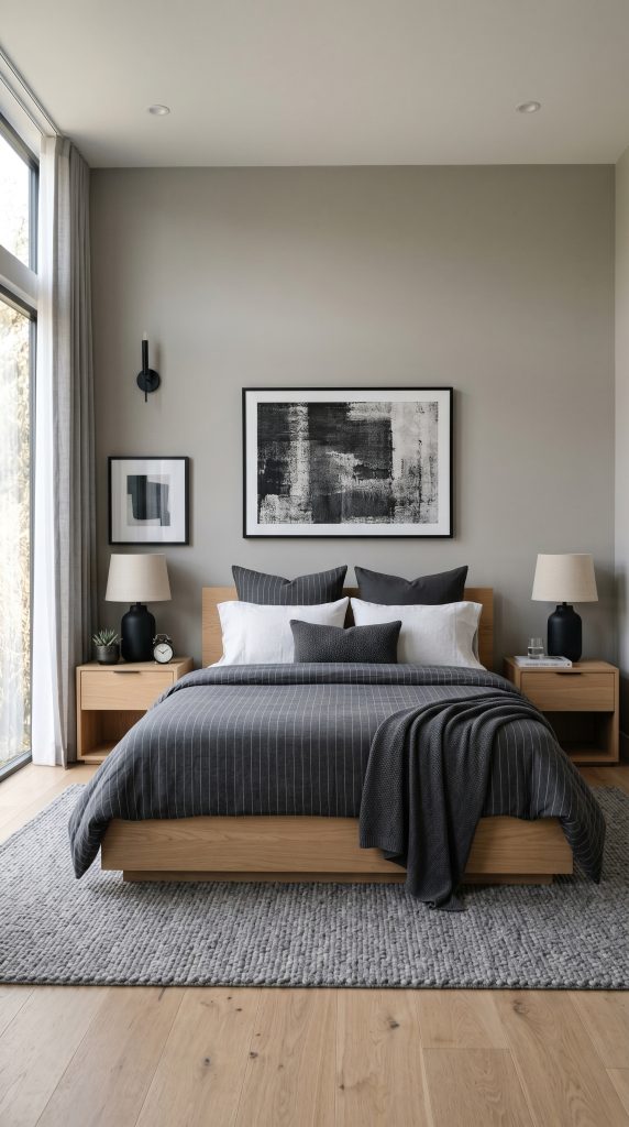 Contemporary bedroom featuring charcoal pinstripe 202605311818