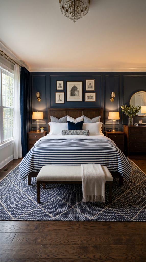 Luxury inspired bedroom featuring navy striped 202605311823