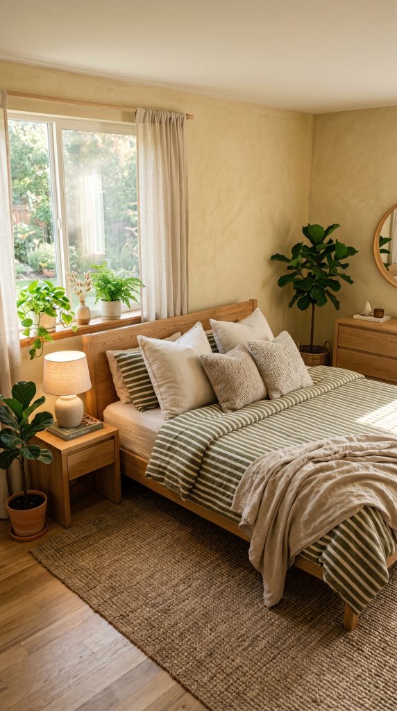 Modern organic bedroom featuring olive 202605311813