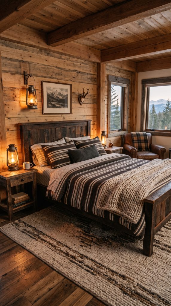 Warm rustic bedroom featuring striped 202605311830
