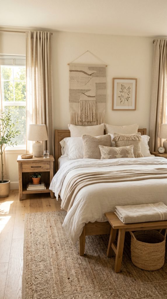Bright bedroom featuring subtle striped 202606041629