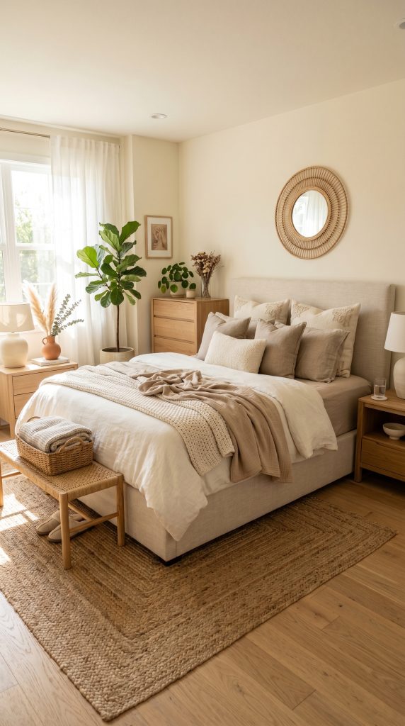 Bright neutral bedroom featuring layered 202606011702