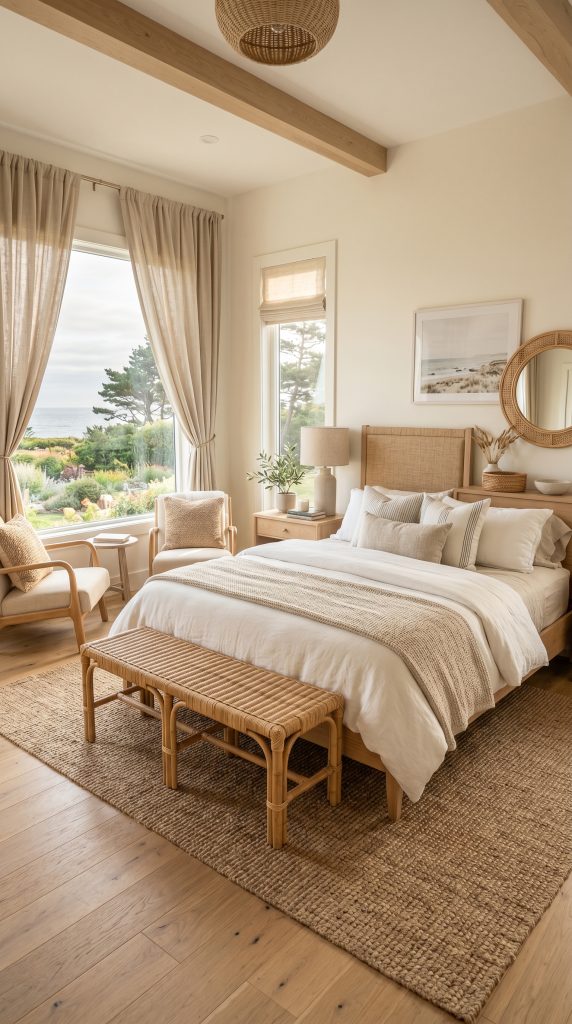 Coastal inspired bedroom featuring a rattan 202606041628