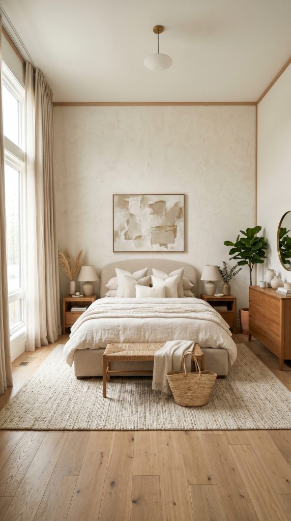Modern neutral bedroom featuring layered 202606011655