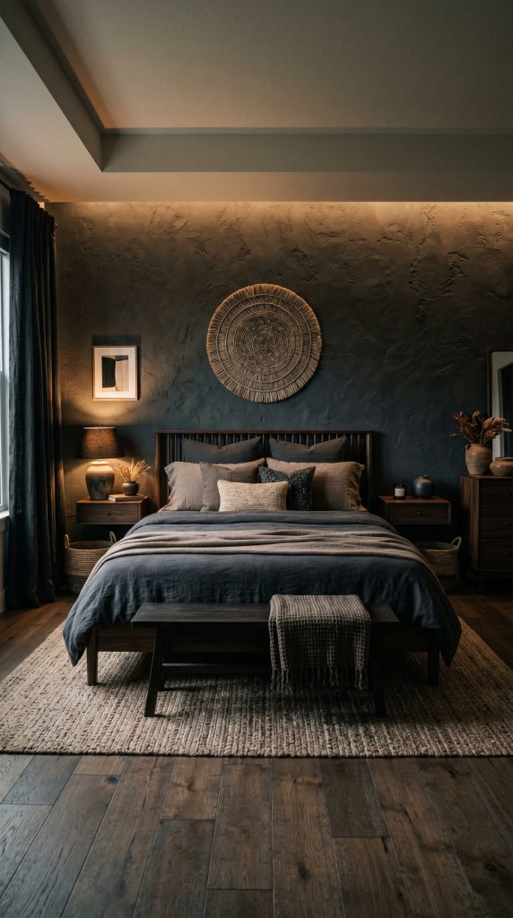 Moody organic modern bedroom featuring 202606021055