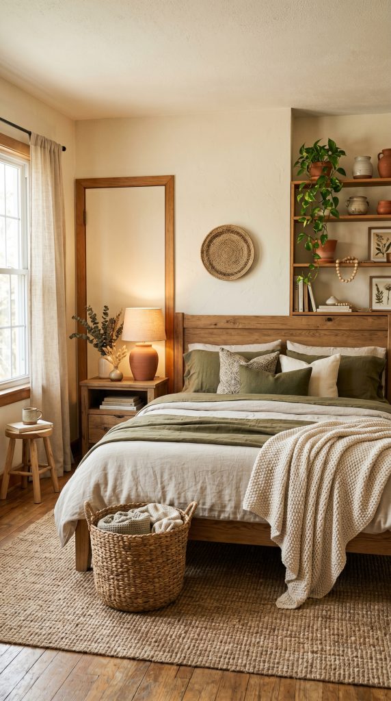 Organic bedroom featuring olive green 202606041636