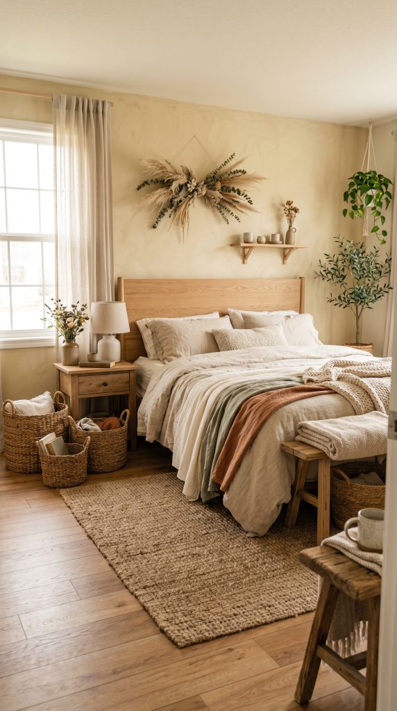 Organic bedroom featuring woven seagrass 202606021057