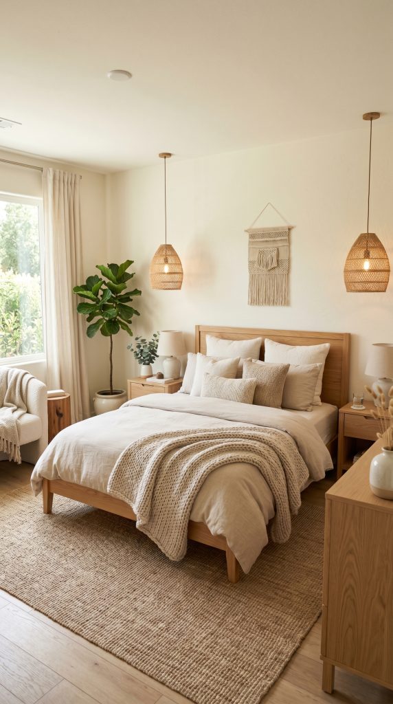 Relaxing bedroom featuring sand colored bedding 202606041627