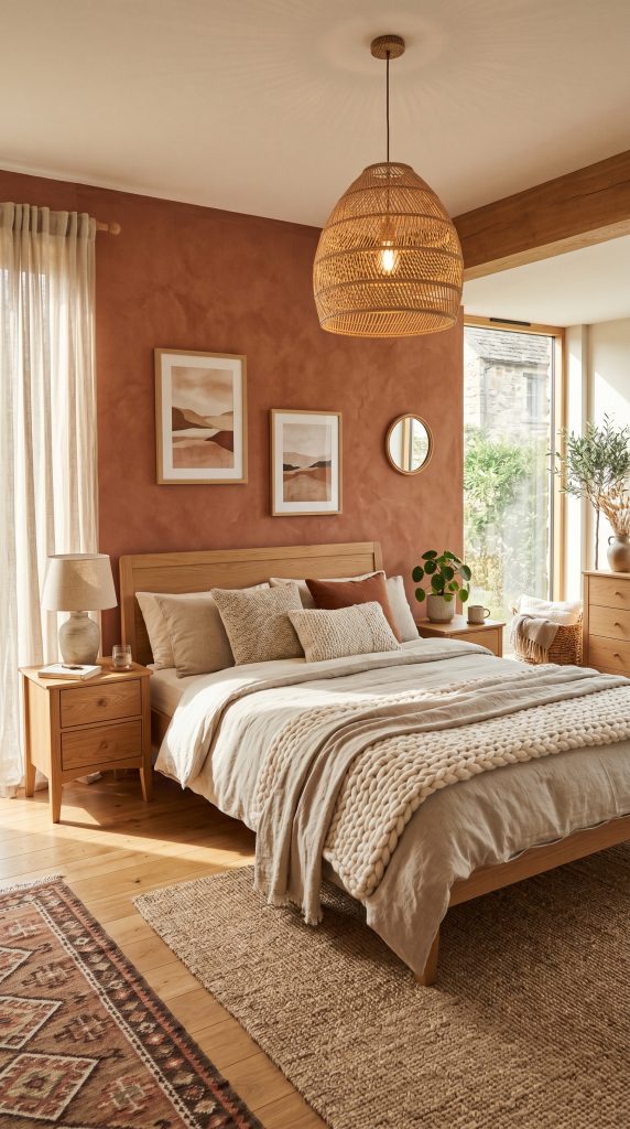 Warm bedroom featuring a terracotta 202606041642
