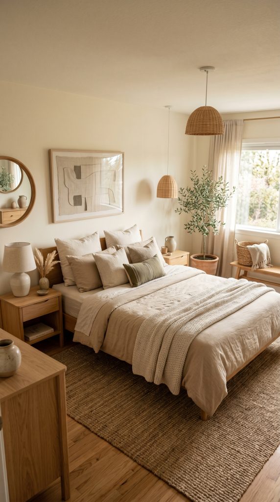 Warm neutral bedroom featuring sand colored 202606011648