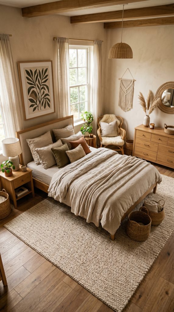 Warm organic bedroom featuring a 202606021036