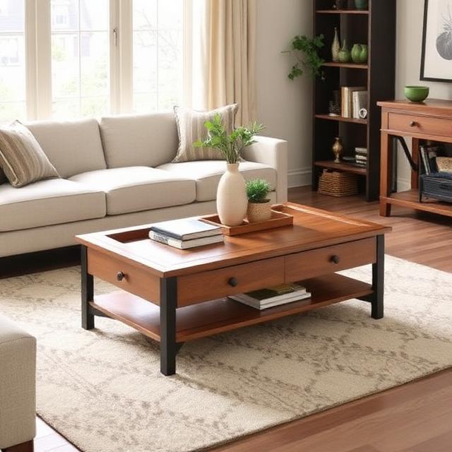 Different Types of Coffee Tables: Complete Guide to Choosing the Perfect Coffee Table 8 Modern lift-top coffee table with hidden storage and an adjustable tabletop, ideal for working or dining in the living room.