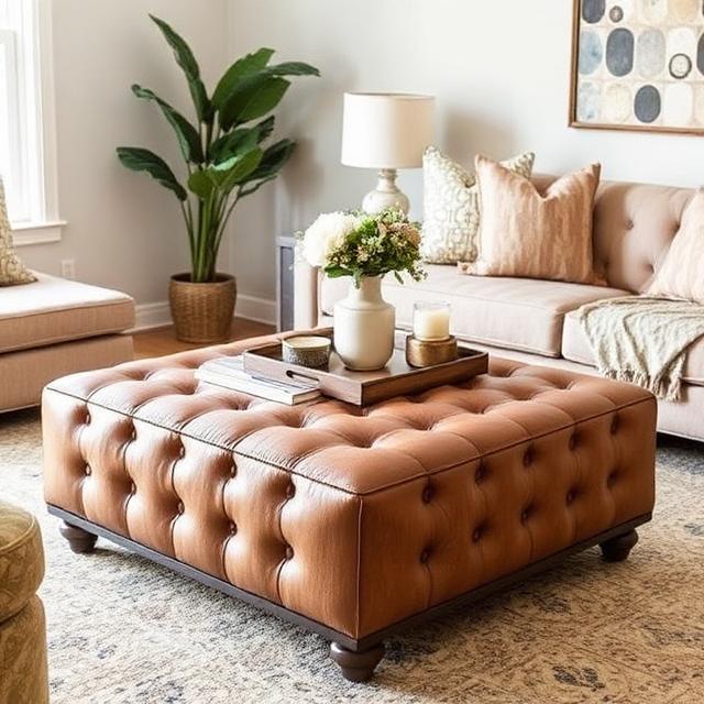Different Types of Coffee Tables: Complete Guide to Choosing the Perfect Coffee Table 11 Upholstered ottoman coffee table with a decorative serving tray, combining comfort and style in a cozy living room.