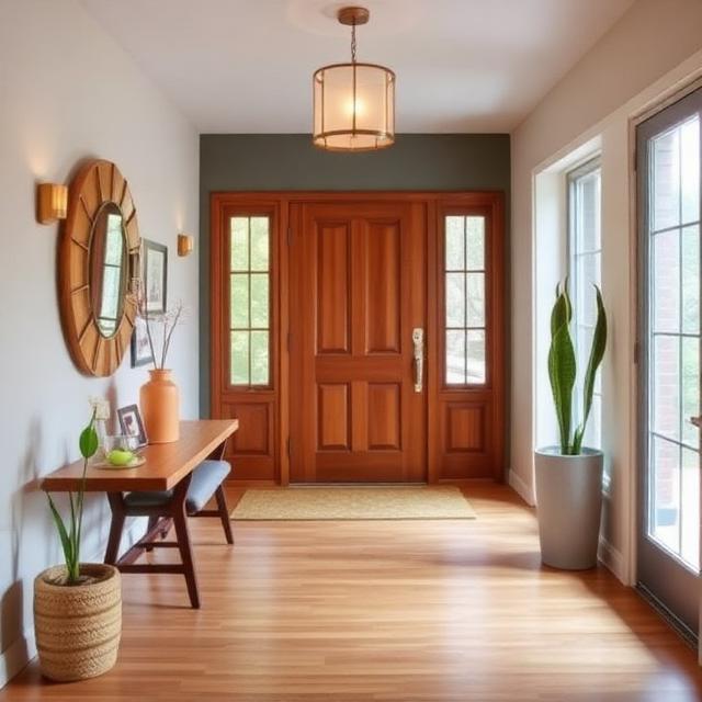 Mid-century modern entryway designs with walnut console table, geometric mirror, brass accents, and indoor plants.