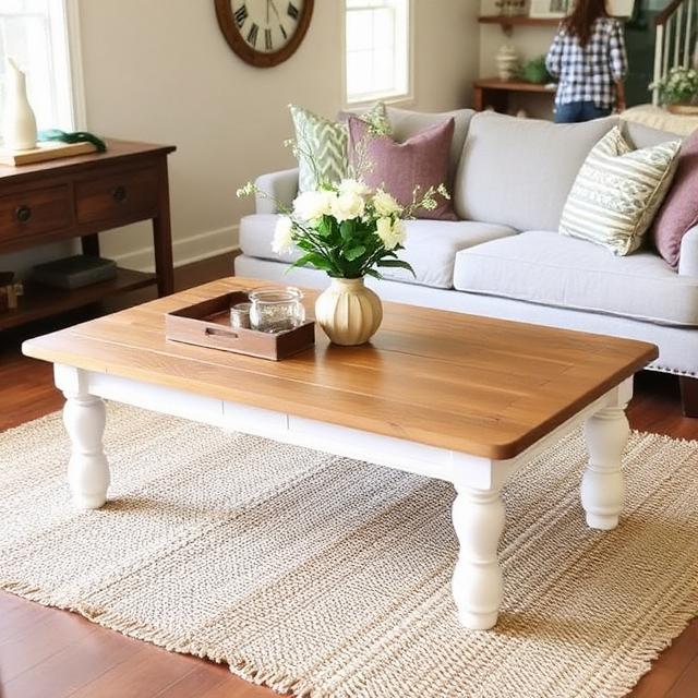 Different Types of Coffee Tables: Complete Guide to Choosing the Perfect Coffee Table 14 Farmhouse coffee table with a distressed wooden finish and lower storage shelf, perfect for a cozy family living room.