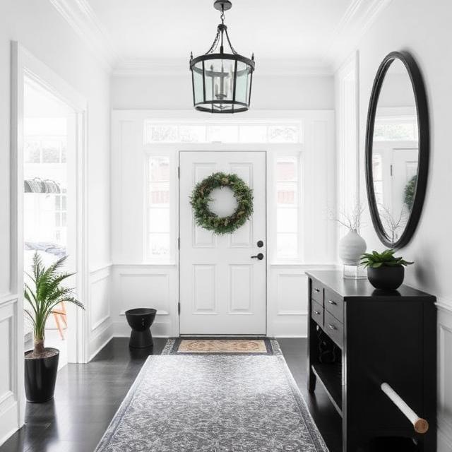 Black and white entryway designs with modern console table, round mirror, patterned rug, and gold decorative accents.