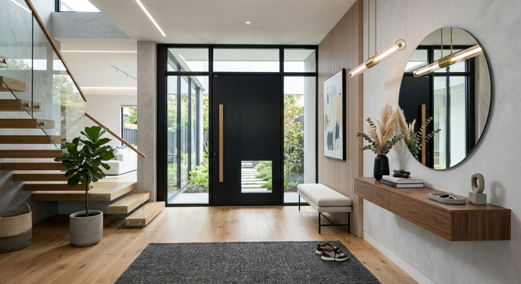 Contemporary entryway designs with sleek furniture, abstract artwork, floating shelves, and modern lighting.