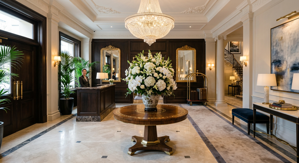 Luxury hotel-inspired entryway designs featuring marble flooring, designer console table, chandelier, oversized mirror, and elegant décor.