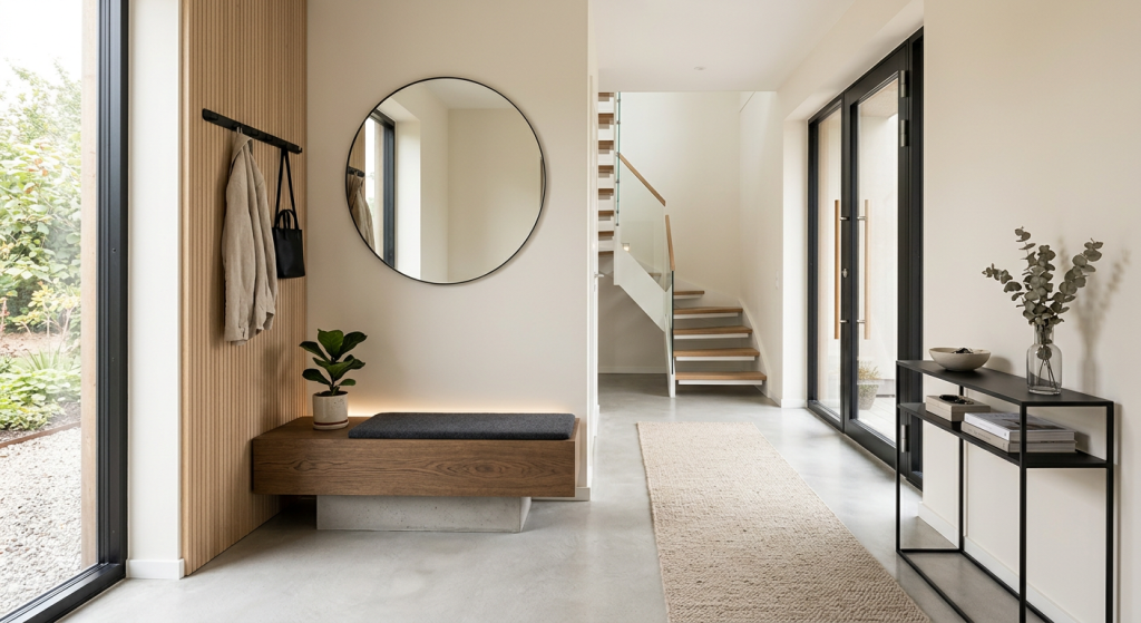 Minimalist modern entryway design with a floating console table, round wall mirror, neutral color palette, hidden storage, and indoor plant for a clean and elegant home entrance.