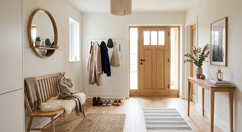Scandinavian modern entryway design featuring a light wood console table, woven storage baskets, indoor plants, white walls, and cozy décor for a bright and welcoming hallway.