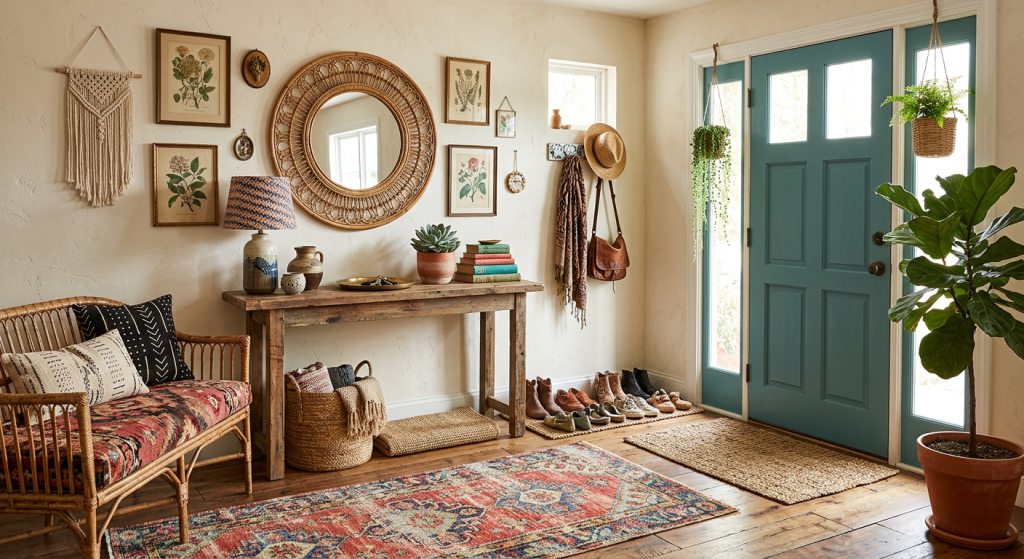 Bohemian entryway designs featuring macramé wall art, woven baskets, colourful rugs, indoor plants, and wooden furniture.