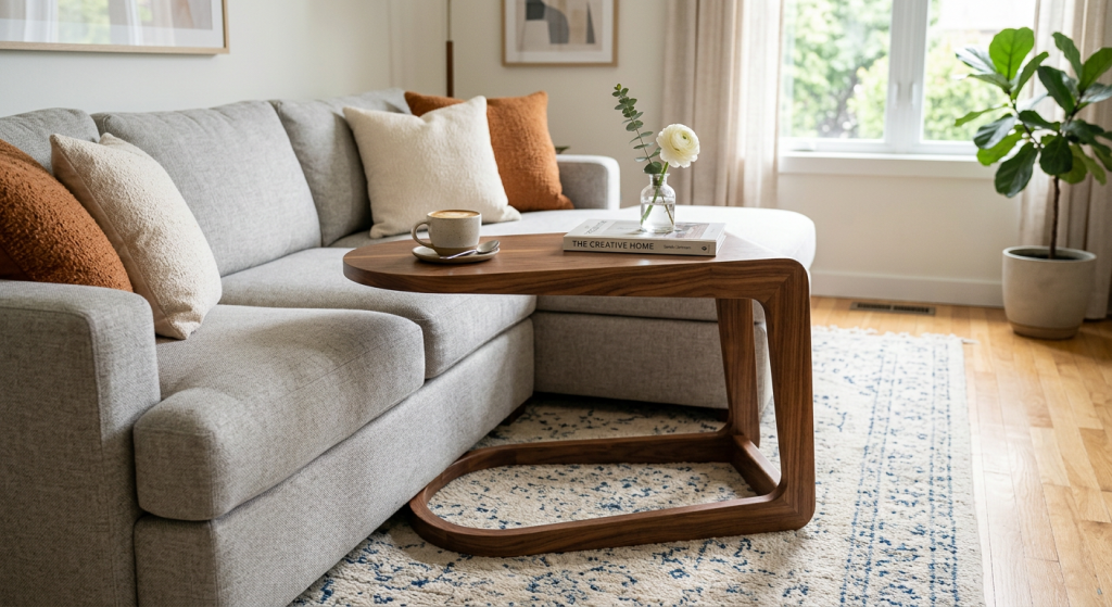 Different Types of Coffee Tables: Complete Guide to Choosing the Perfect Coffee Table 19 Compact C-shaped coffee table sliding under a sofa, providing a practical surface for laptops, drinks, and books in the living room.