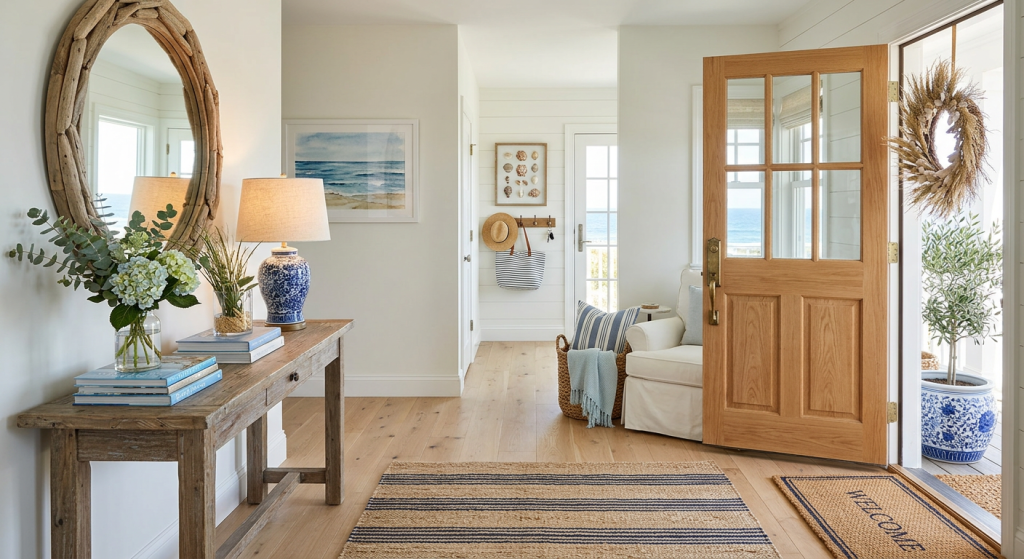 Coastal entryway designs featuring a white console table, woven baskets, driftwood mirror, blue accents, and natural lighting.