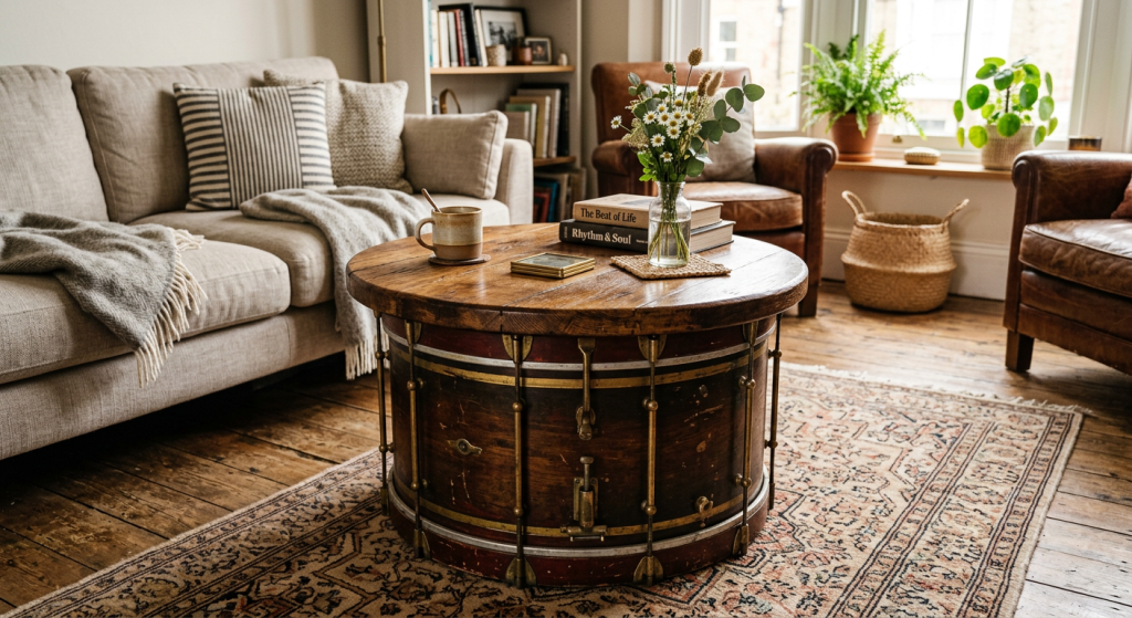 Different Types of Coffee Tables: Complete Guide to Choosing the Perfect Coffee Table 18 Round drum coffee table with a contemporary cylindrical design, serving as a stylish centerpiece in a modern living room.