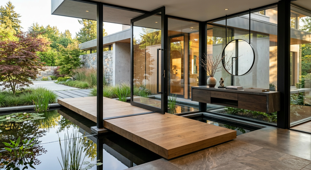 Modern entryway design ideas with floating storage cabinets, LED lighting, hidden shoe storage, and contemporary décor