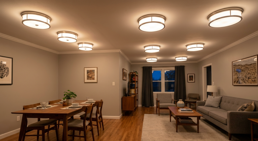20 Best Types of Lighting Fixtures to Transform Every Home 9 Contemporary flush mount Types of Lighting Fixtures installed in a modern living room.
