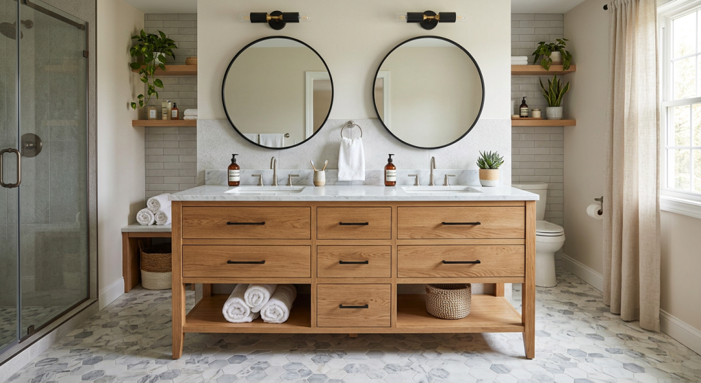 15 Best Bathroom Vanities to Transform Your Modern Bathroom 2 Elegant freestanding Bathroom Vanities featuring white cabinets, marble countertop, and spacious storage drawers.