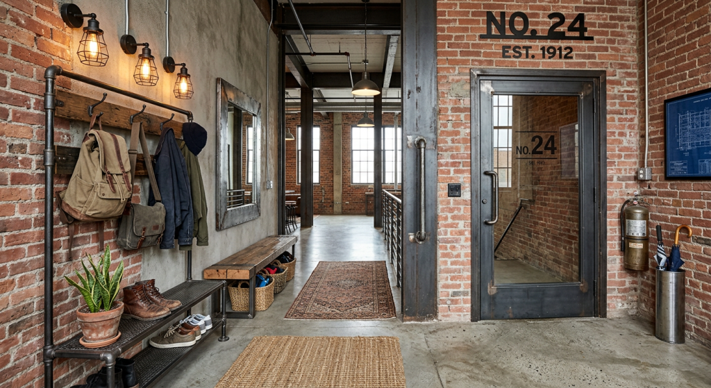 Industrial modern entryway design with reclaimed wood furniture, black metal accents, Edison pendant lights, exposed brick wall, and open shelving for a stylish urban entrance.