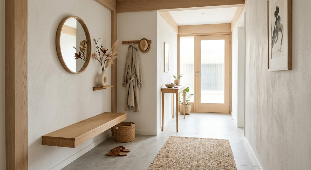 Japandi modern entryway design with natural wood furniture, floating shelves, ceramic décor, warm earthy tones, and soft lighting creating a peaceful and functional home entrance.