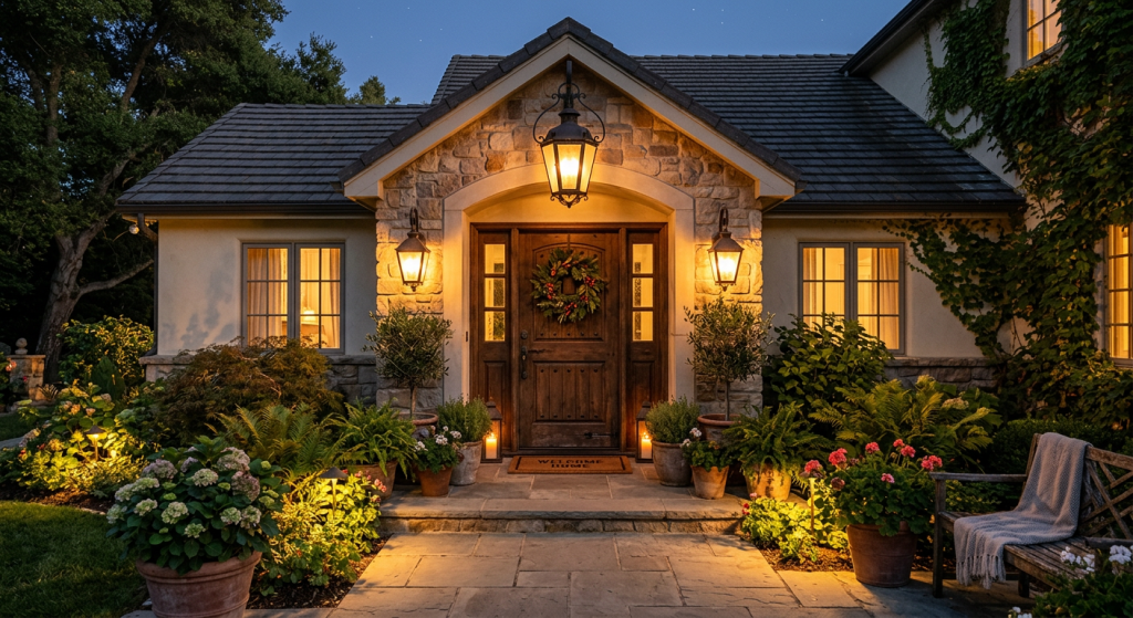 20 Best Types of Lighting Fixtures to Transform Every Home 13 Rustic lantern lights, one of the most decorative Types of Lighting Fixtures, installed at a home's entrance.