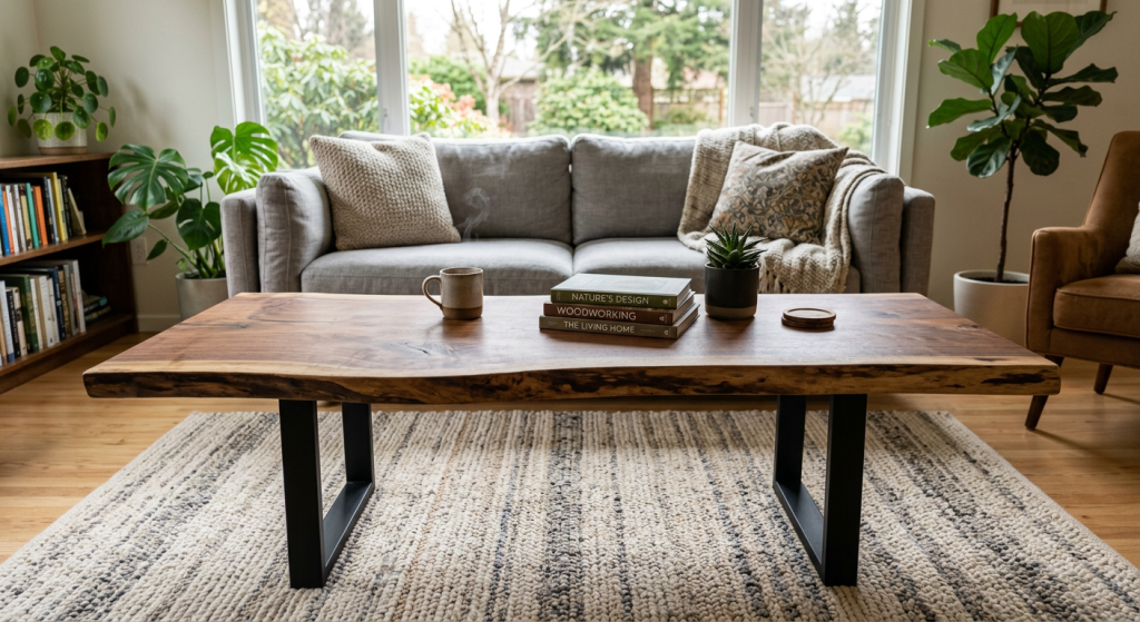 Different Types of Coffee Tables: Complete Guide to Choosing the Perfect Coffee Table 17 Live edge coffee table crafted from natural wood with unique organic edges, adding elegance and character to a modern living room.