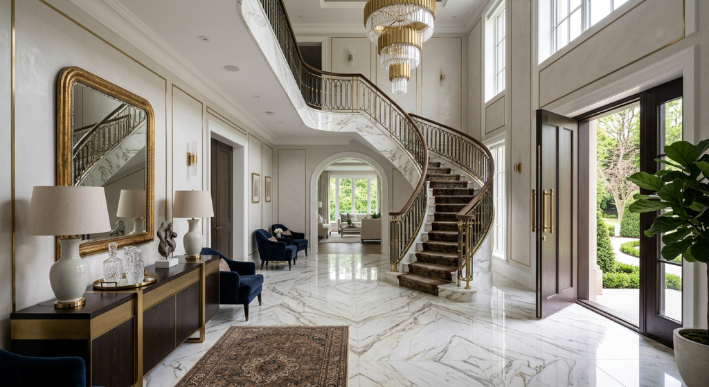 Luxury modern entryway design showcasing marble flooring, a gold-framed mirror, elegant console table, crystal chandelier, and premium décor for a sophisticated foyer.