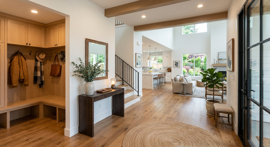 Modern entryway design ideas featuring an open concept entrance with a console table, decorative rug, floating storage, and large mirror.