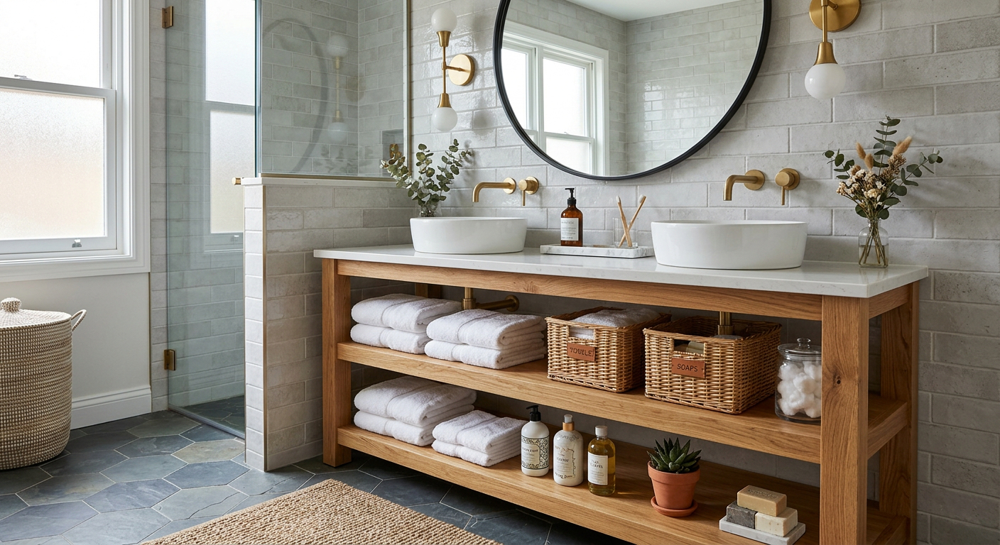 15 Best Bathroom Vanities to Transform Your Modern Bathroom 15 Open shelf Bathroom Vanities with wooden shelves, white sink, neatly folded towels, and modern bathroom décor.
Conclusion