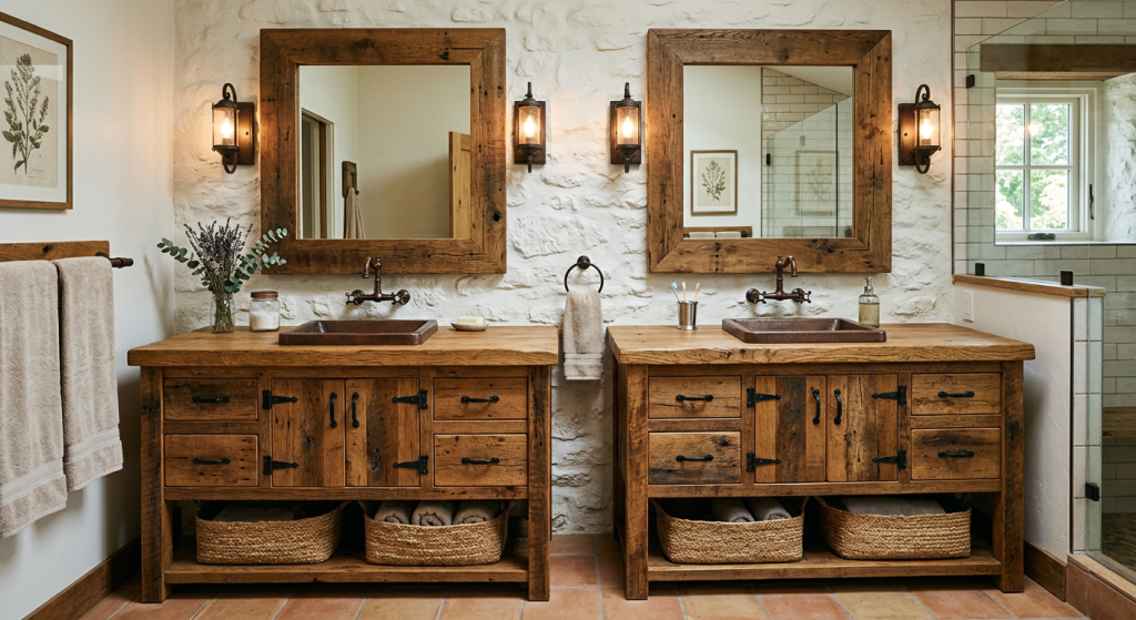 15 Best Bathroom Vanities to Transform Your Modern Bathroom 9 Rustic Bathroom Vanities made from reclaimed wood with stone countertop, farmhouse sink, and natural bathroom décor.