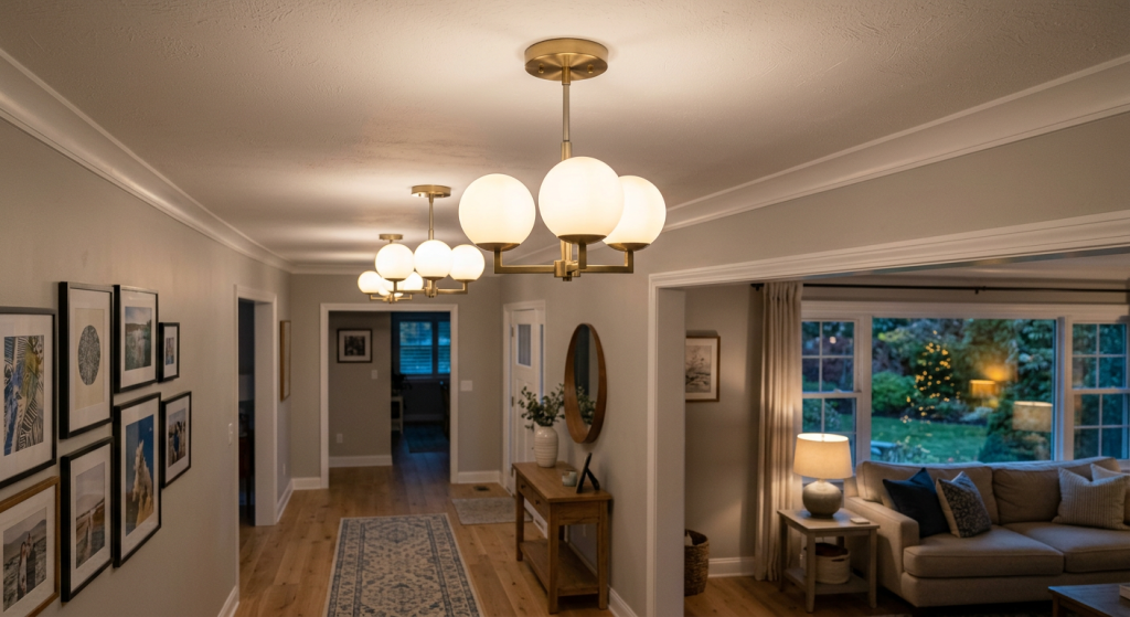 20 Best Types of Lighting Fixtures to Transform Every Home 10 Elegant semi-flush mount Types of Lighting Fixtures installed in a modern entryway.