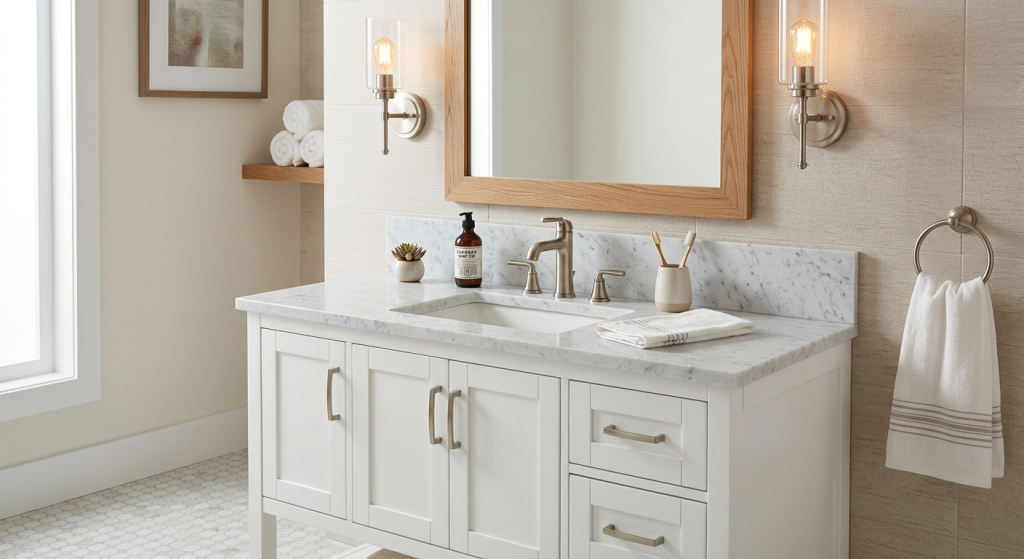 15 Best Bathroom Vanities to Transform Your Modern Bathroom 3 Modern single sink Bathroom Vanities with quartz countertop, wooden cabinet, and stylish storage drawers.