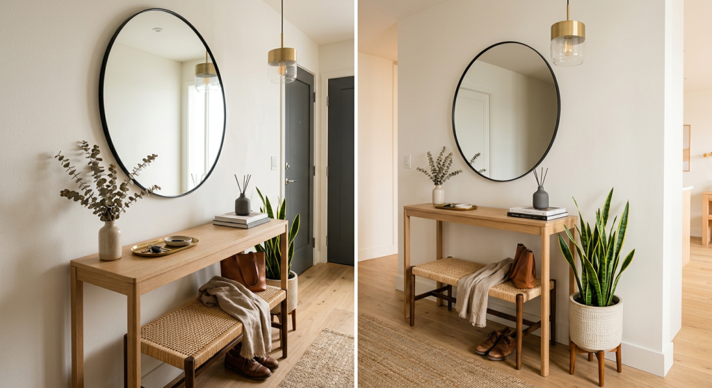 Small apartment entryway designs with floating shelves, slim console table, large mirror, shoe storage, and modern décor.