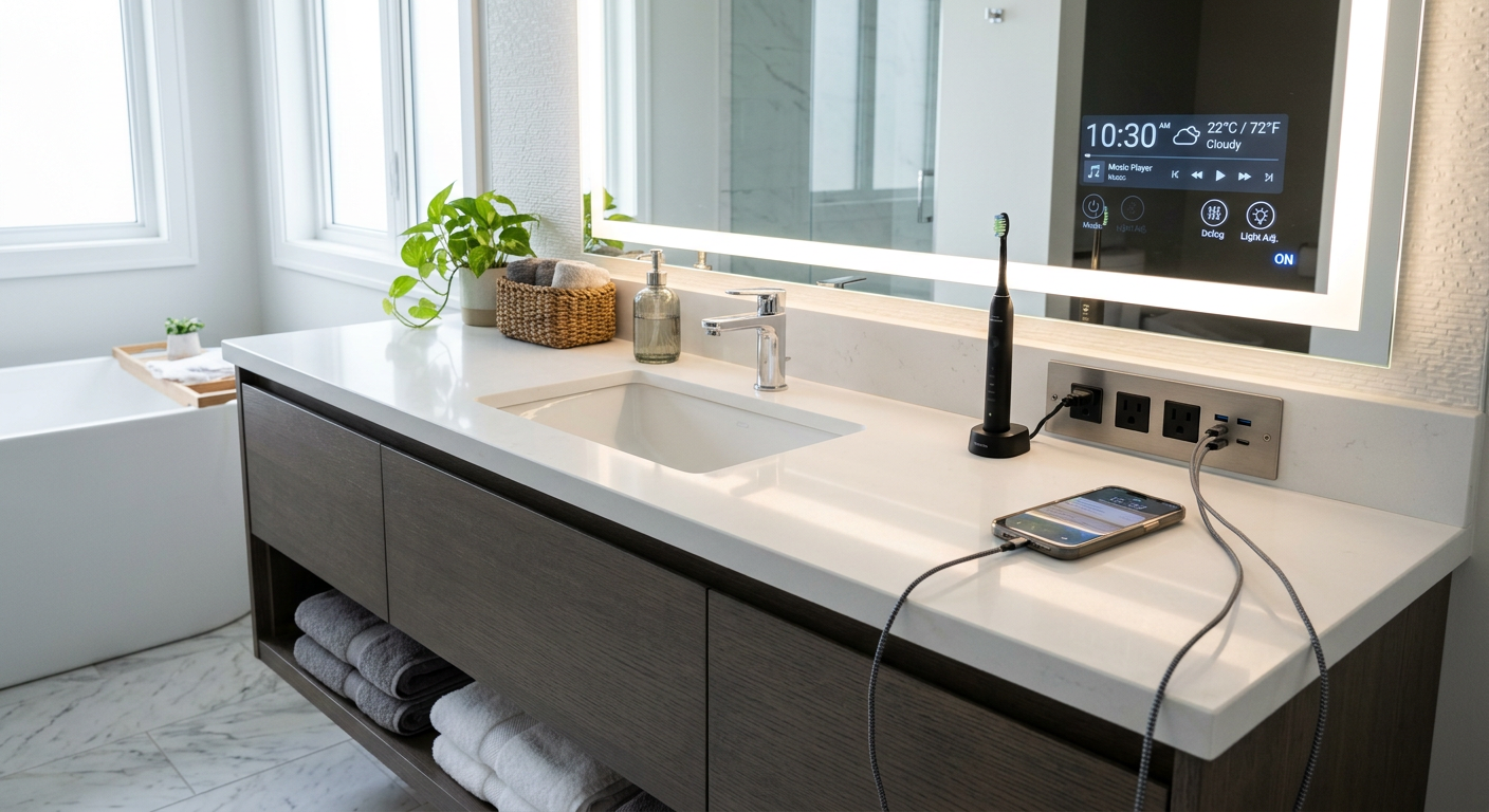 15 Best Bathroom Vanities to Transform Your Modern Bathroom 14 Modern smart Bathroom Vanities with LED mirror, touch controls, USB charging ports, and sleek contemporary bathroom.