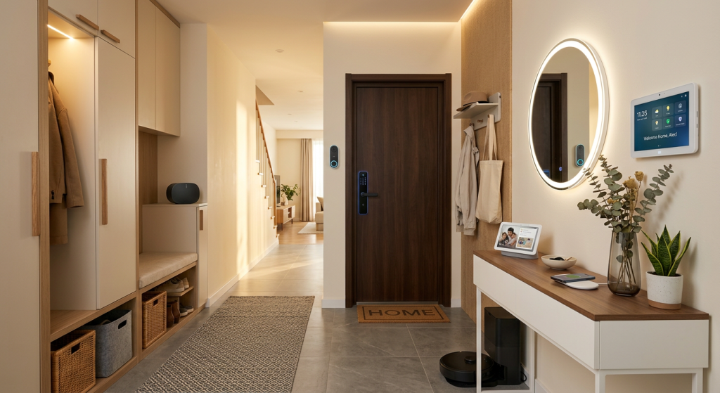 Modern entryway design ideas featuring a smart door lock, motion-sensor lighting, charging station, and stylish console table.