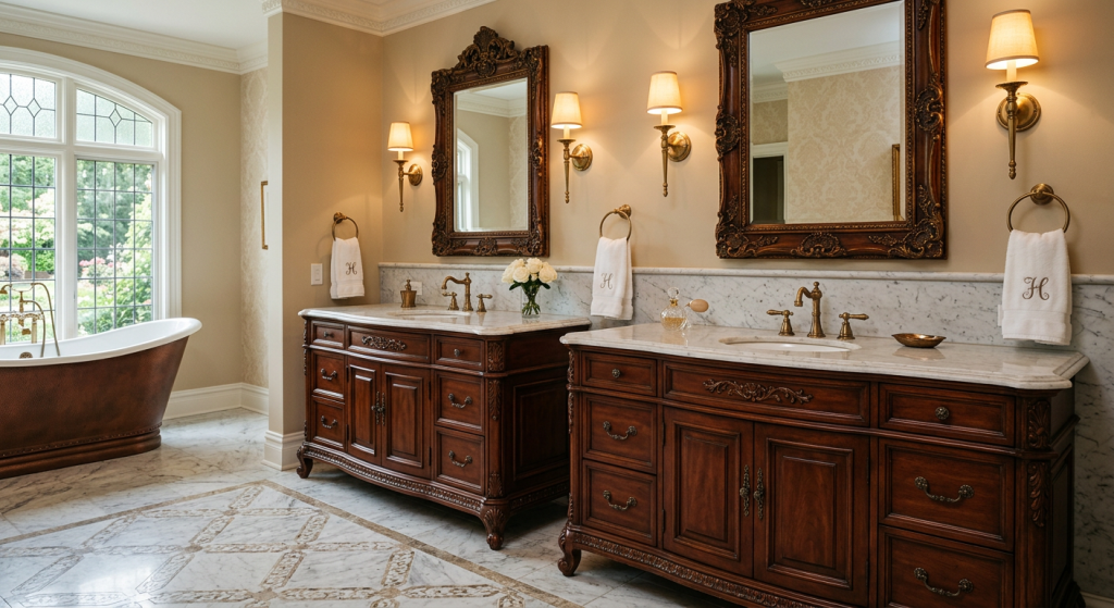 15 Best Bathroom Vanities to Transform Your Modern Bathroom 8 Traditional Bathroom Vanities with dark wood cabinets, marble countertop, framed mirror, and elegant bathroom décor.