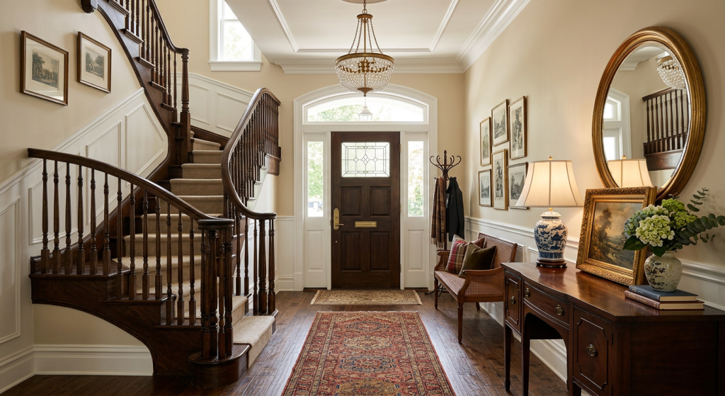 Traditional entryway designs featuring carved wooden furniture, elegant mirror, decorative lighting, and classic décor.