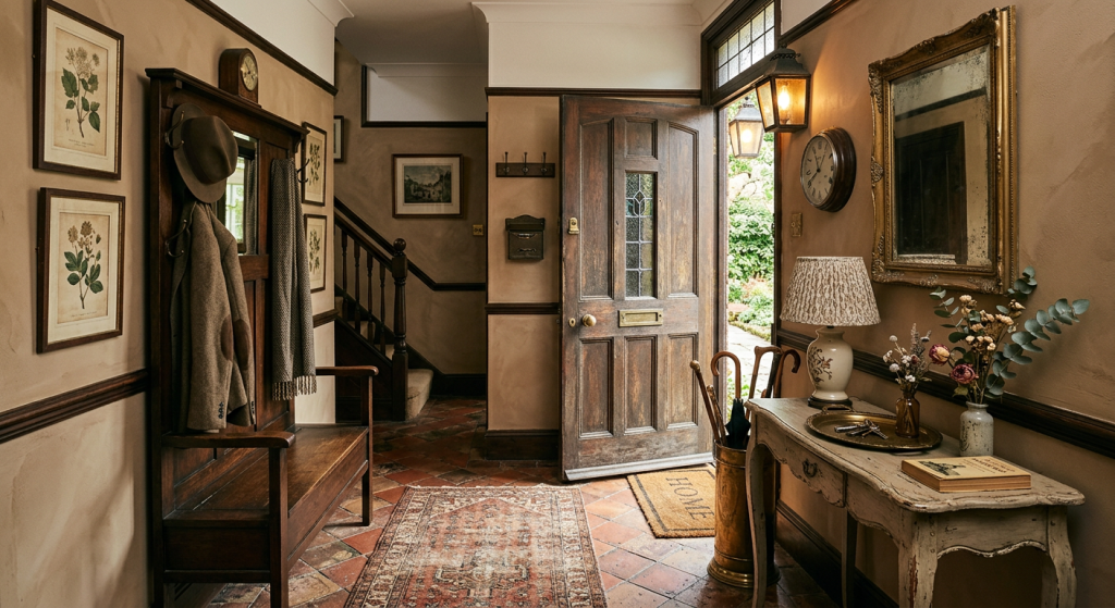 Modern entryway design ideas featuring a vintage wooden console table, ornate mirror, traditional rug, and elegant lighting.