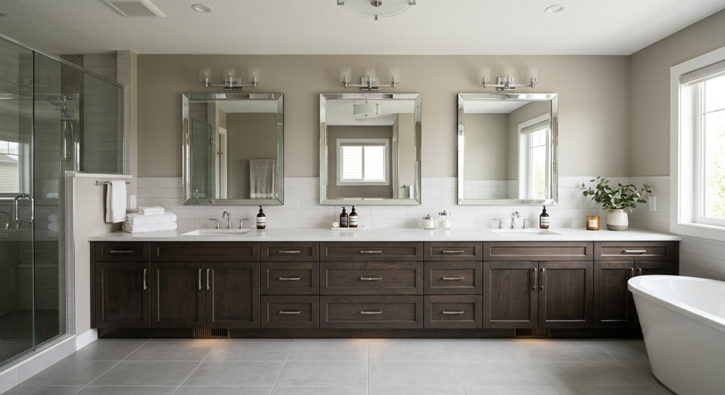 15 Best Bathroom Vanities to Transform Your Modern Bathroom 6 Elegant wall-to-wall Bathroom Vanities with quartz countertop, full-length wooden cabinets, dual sinks, and luxury bathroom interior.