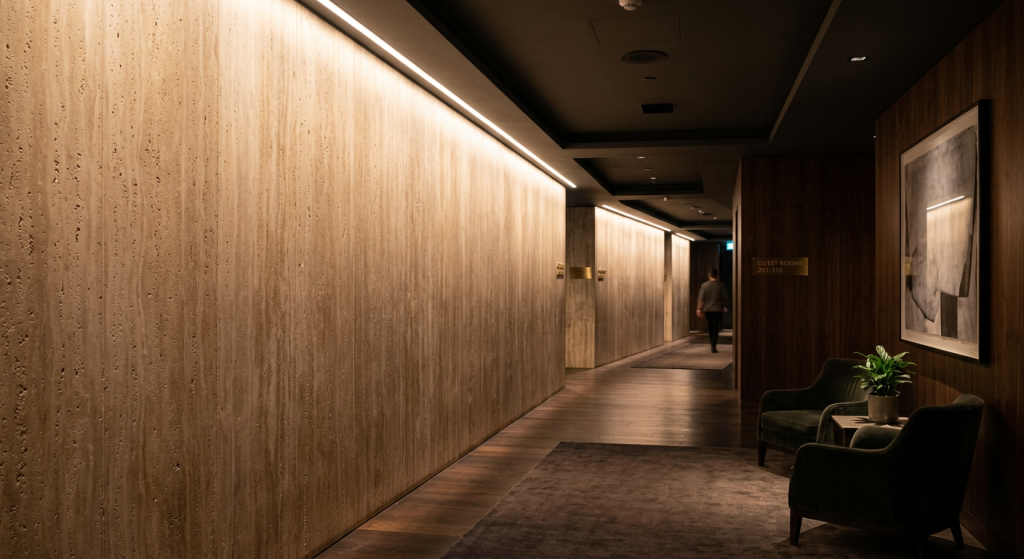 20 Best Types of Lighting Fixtures to Transform Every Home 11 Modern LED wall wash lights, one of the best Types of Lighting Fixtures, highlighting a textured feature wall.